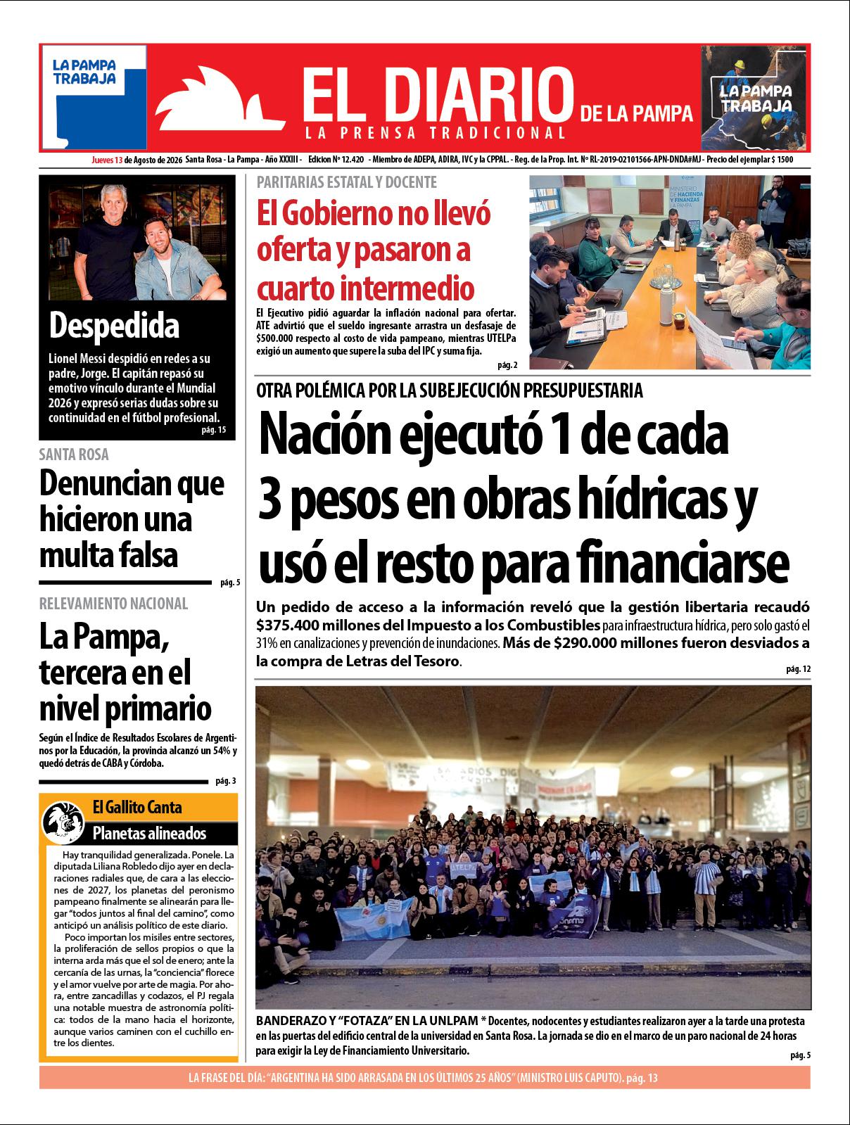 Tapa de El Diario en papel  jueves 13 de agosto de 2026